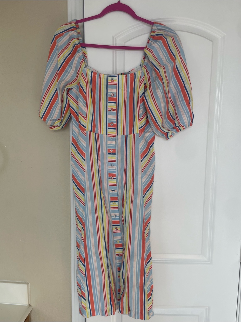 Tanya Taylor Claude Striped Linen Puff-Sleeve Midi Dress linen blend